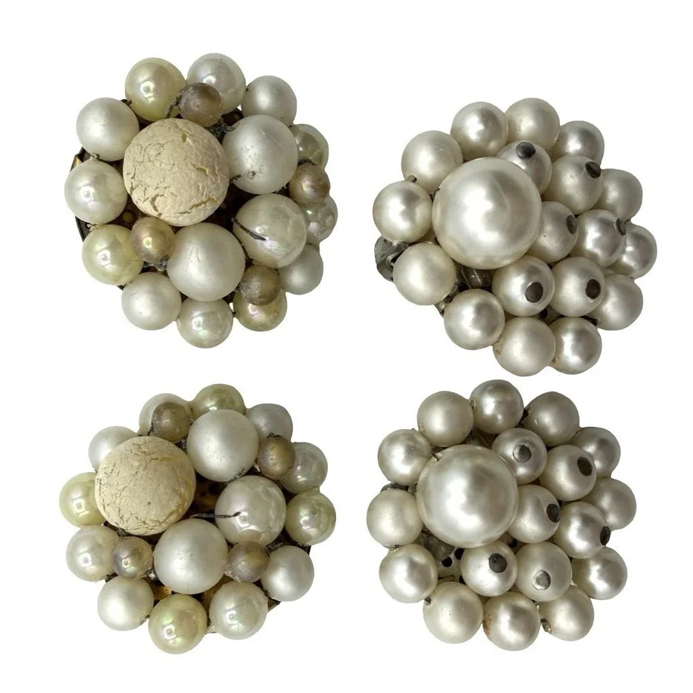 Vintage Japan Faux Pearl Cluster Clip On Earrings Dome Bridal Wedding
